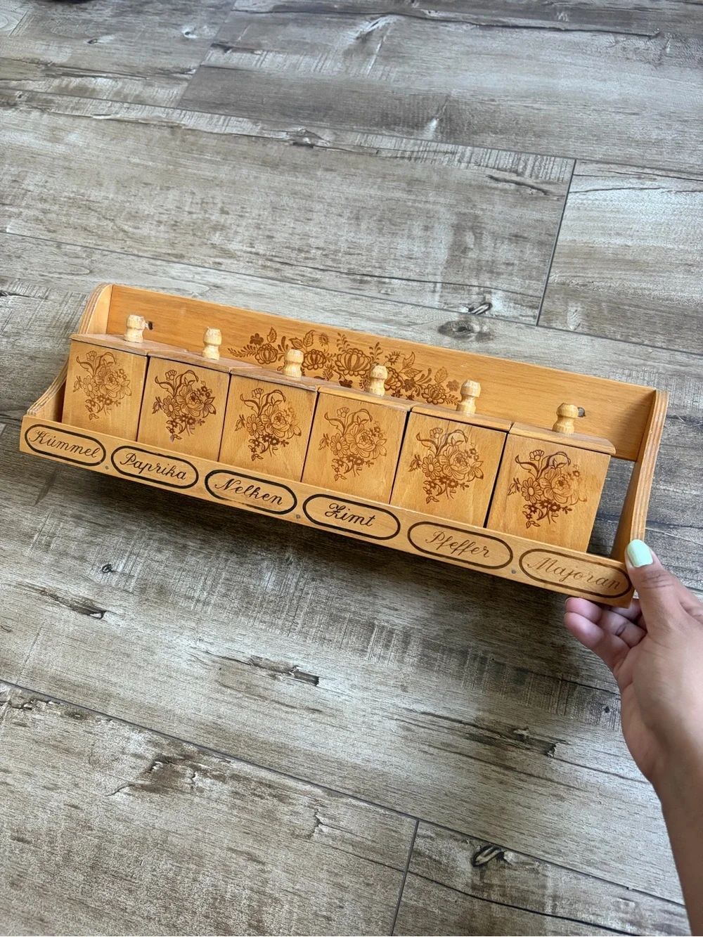 Vintage German Wooden Spice Rack with Lidded Jars - Natural Wood